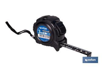 Flexómetro de hoja negra con impresión a doble cara | Carcasa de ABS | Funda antichoque | Botón de bloqueo automático | Disponible con cinta de 3, 5 y 8 metros de longitud - Cofan