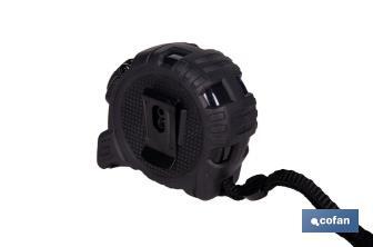 Flexómetro de hoja negra con impresión a doble cara | Carcasa de ABS | Funda antichoque | Botón de bloqueo automático | Disponible con cinta de 3, 5 y 8 metros de longitud - Cofan