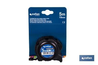 Flexómetro de hoja negra con impresión a doble cara | Carcasa de ABS | Funda antichoque | Botón de bloqueo automático | Disponible con cinta de 3, 5 y 8 metros de longitud - Cofan