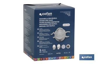 Mascarilla FFP3D | No Reutilizable | Con válvula de Exhalación | Eficiencia de Filtración superior al 94% | Pack de 5 Unidades - Cofan