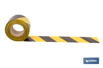 Cinta de balizamiento no adhesiva | Color amarillo/negro | Medidas: 50 y 80 mm | Longitud 100 y 200 metros | Galga 200 - Cofan