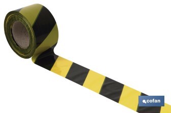 Cinta de balizamiento no adhesiva | Color amarillo/negro | Medidas: 50 y 80 mm | Longitud 100 y 200 metros | Galga 200 - Cofan