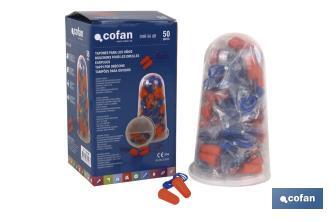 Blister de bouchons de protection auditive | Pack de 50 unités | Bouchons jetables avec cordelette de couleur orange - Cofan