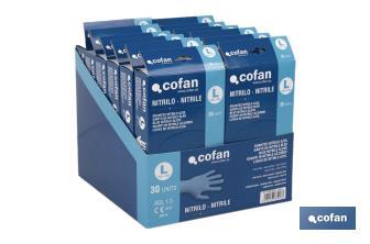 Caja dispensadora de guantes de nitrilo sin polvo | Caja de 30 unidades | Tres tallas diferentes - Cofan
