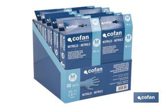 Caja dispensadora de guantes de nitrilo sin polvo | Caja de 30 unidades | Tres tallas diferentes - Cofan