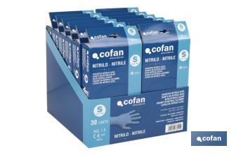 Caja dispensadora de guantes de nitrilo sin polvo | Caja de 30 unidades | Tres tallas diferentes - Cofan