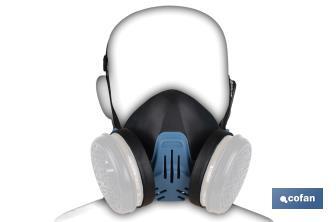 Media máscara | Para dos filtros de protección intercambiables | Bandas de sujeción | Protección contra gases, vapores, partículas peligrosas | Conforme a EN 140:1998 - Cofan