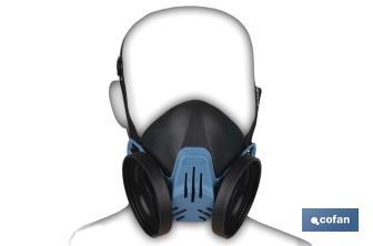 Media máscara | Para dos filtros de protección intercambiables | Bandas de sujeción | Protección contra gases, vapores, partículas peligrosas | Conforme con EN 140:1998 - Cofan