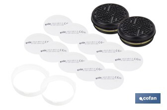 Set de filtro combinado: 2 filtros A1B1E1K1 + 10 Prefiltros P2 NR | Protección respiratoria de alta eficacia - Cofan