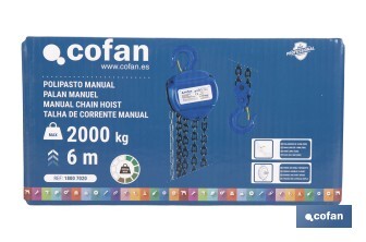Polipasto de cadena manual | Altura de elevación: 6 m | Color: azul | Gancho resistente | Disponible en varias capacidades de carga - Cofan