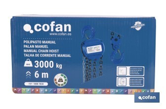 Polipasto de cadena manual | Altura de elevación: 6 m | Color: azul | Gancho resistente | Disponible en varias capacidades de carga - Cofan