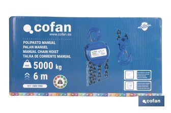 Polipasto de cadena manual | Altura de elevación: 6 m | Color: azul | Gancho resistente | Disponible en varias capacidades de carga - Cofan