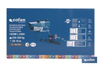 Polipasto eléctrico con parada de emergencia | Altura de elevación: 10/20 m | Protección IP54 | Incluye mando | Disponible en diferentes capacidades de carga - Cofan