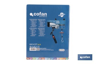 Polipasto eléctrico con parada de emergencia | Altura de elevación: 10/20 m | Protección IP54 | Incluye mando | Disponible en diferentes capacidades de carga - Cofan