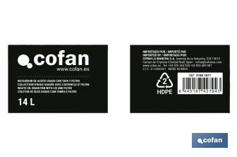 Recogedor de aceite usado | Capacidad: 14 litros | Material: HDPE | Bidón con tapa y filtro - Cofan