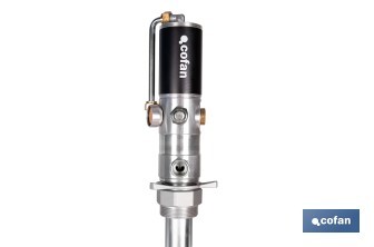 Bomba neumática lubricante | Relación 3:1 | Caudal: 14 LPM | Presión máxima: 10 bares | Disponible para bidones de 60 o 205 litros - Cofan