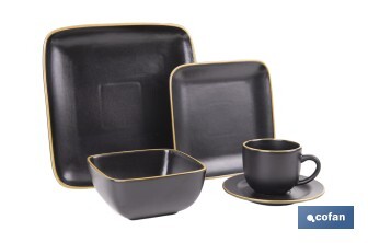 Vajilla de cerámica cuadrada en color negro con borde vintage | Set de 20 piezas | Apta para lavavajillas, microondas y horno - Cofan