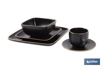 Vajilla de cerámica cuadrada en color negro con borde vintage | Set de 20 piezas | Apta para lavavajillas, microondas y horno - Cofan