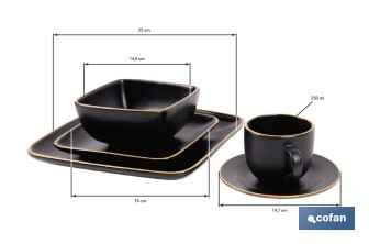 Vajilla de cerámica cuadrada en color negro con borde vintage | Set de 20 piezas | Apta para lavavajillas, microondas y horno - Cofan