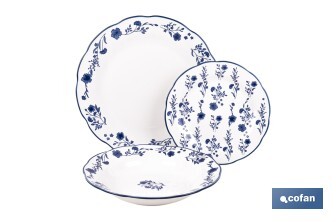 Vajilla de porcelana con flores azules | Set de 18 piezas | Adecuado para 6 personas | Apta para lavavajillas, microondas y horno - Cofan
