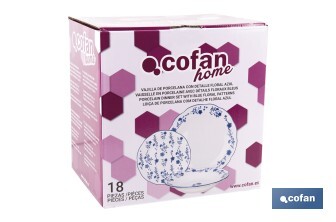 Vajilla de porcelana con flores azules | Set de 18 piezas | Adecuado para 6 personas | Apta para lavavajillas, microondas y horno - Cofan
