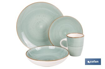 Vajilla de cerámica verde agua pintada a mano | Set de 16 piezas | Apta para lavavajillas, microondas y horno - Cofan