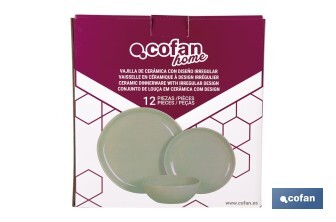 Juego de vajilla de cerámica verde | Set de 12 piezas | Diseño irregular | Apta para lavavajillas y microondas - Cofan
