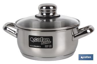 Panela Inox modelo Polenta com tampa de vidro e asa inox - Cofan