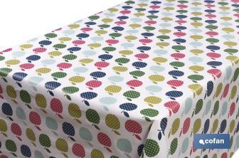 Rollo de semi hule básico | Mantel de PVC | Diseño con manzanas de colores | Medidas: 1,40 x 25 m - Cofan