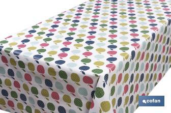 Rollo de semi hule básico | Mantel de PVC | Diseño con manzanas de colores | Medidas: 1,40 x 25 m - Cofan