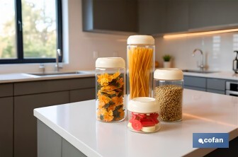 Bote de cocina de vidrio borosilicato | Tapa beige | Cierre a presión | Capacidad: 400 ml | Almacenaje de alimentos | Medidas: Ø10 x 9,6 cm - Cofan