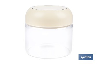 Bote de cocina de vidrio borosilicato | Tapa beige | Cierre a presión | Capacidad: 400 ml | Almacenaje de alimentos | Medidas: Ø10 x 9,6 cm - Cofan