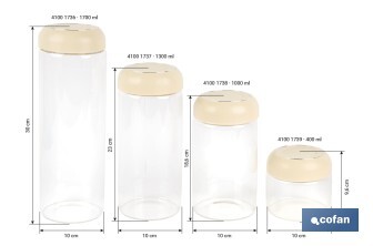 Bote de cocina de vidrio borosilicato | Tapa beige | Cierre a presión | Capacidad: 400 ml | Almacenaje de alimentos | Medidas: Ø10 x 9,6 cm - Cofan