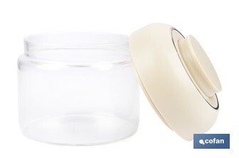 Bote de cocina de vidrio borosilicato | Tapa beige | Cierre a presión | Capacidad: 400 ml | Almacenaje de alimentos | Medidas: Ø10 x 9,6 cm - Cofan