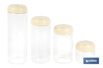 Bote de cocina de vidrio borosilicato | Tapa beige | Cierre a presión | Capacidad: 400 ml | Almacenaje de alimentos | Medidas: Ø10 x 9,6 cm - Cofan