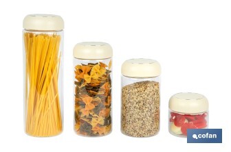 Bote de cocina de vidrio borosilicato | Tapa beige | Cierre a presión | Capacidad: 400 ml | Almacenaje de alimentos | Medidas: Ø10 x 9,6 cm - Cofan