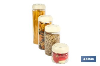 Bote de cocina de vidrio borosilicato | Tapa beige | Cierre a presión | Capacidad: 400 ml | Almacenaje de alimentos | Medidas: Ø10 x 9,6 cm - Cofan