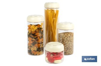 Bote de cocina de vidrio borosilicato | Tapa beige | Cierre a presión | Capacidad: 400 ml | Almacenaje de alimentos | Medidas: Ø10 x 9,6 cm - Cofan