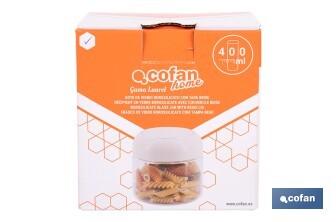 Bote de cocina de vidrio borosilicato | Tapa beige | Cierre a presión | Capacidad: 400 ml | Almacenaje de alimentos | Medidas: Ø10 x 9,6 cm - Cofan