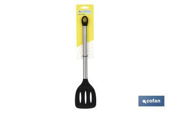 Paleta de Cocina Ranurada | Modelo Neige | Silicona con Mango Inox | Medida 35 cm | Resistente hasta 220ºC - Cofan