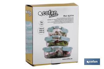 Set of 3 rectangular borosilicate glass food containers | Agatha Model | 640-1,040-1,520ml Capacity - Cofan