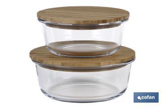 Set da 2 portapranzo rotondi di vetro borosilicato | Modello Bambù | Coperchio di bambù | Capacità: 620-950 ml - Cofan