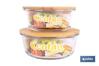 Set of 2 round borosilicate glass food containers | Bambú Model | Bamboo lid | 620-950ml Capacity - Cofan