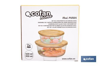 Set of 2 round borosilicate glass food containers | Bambú Model | Bamboo lid | 620-950ml Capacity - Cofan