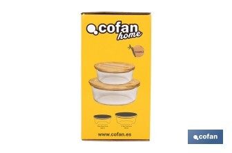 Set of 2 round borosilicate glass food containers | Bambú Model | Bamboo lid | 620-950ml Capacity - Cofan