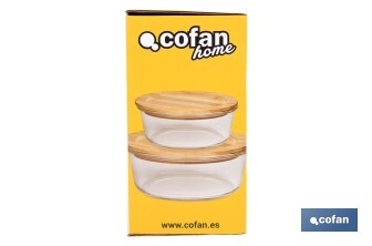 Set of 2 round borosilicate glass food containers | Bambú Model | Bamboo lid | 620-950ml Capacity - Cofan