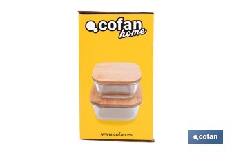 Set de 2 Fiambreras Cuadradas de Borosilicato | Modelo Bambú | Tapa de Bambú | Capacidad 520-800 ml - Cofan