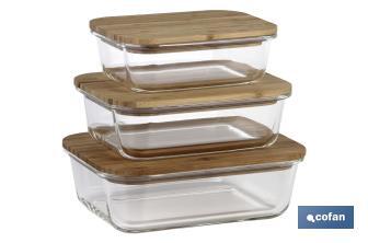 Set de 3 Fiambreiras rectangulares de vidro de borosilicato Modelo Bambú I Tampa de Bambú I Capacidade 640-1040-1520 ml - Cofan