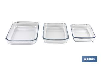 Set de 3 fuentes rectangulares de borosilicato Modelo Baritina I Capacidad: 1600 ml - 2200 ml - 3000 ml - Cofan