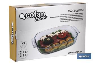 Set de 2 fuentes ovaladas Modelo Baritina | Fabricadas en vidrio borosilicato | Capacidad 2700 ml - 3800 ml - Cofan